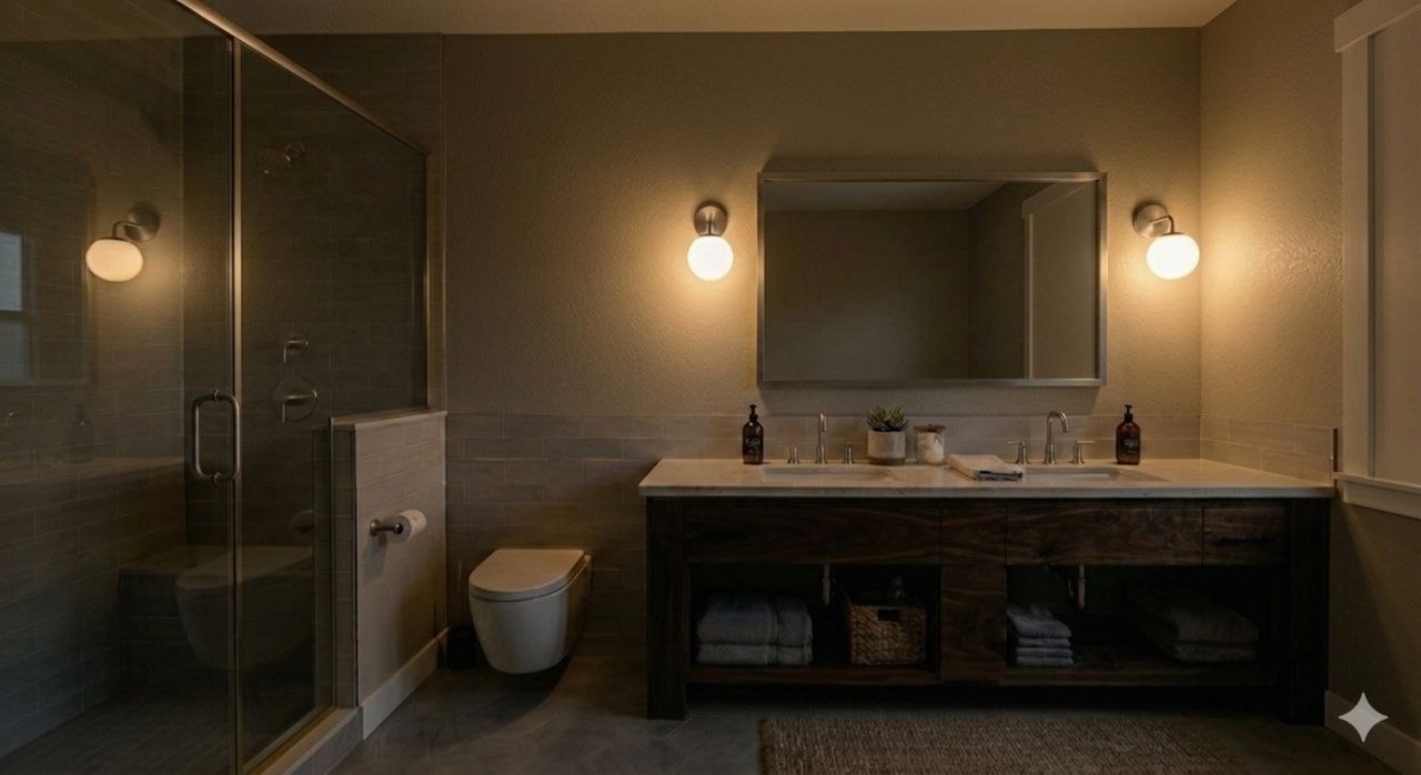 IKEA FRIHULT bathroom inspiration photo with globe-style wall lights