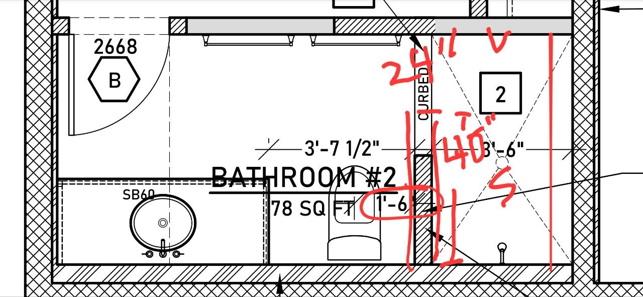 Marked Bathroom #2 floor plan with shower dimensions, showerhead S, and volume control valve V