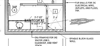 Bathroom plan showing opaque glass block shower wall