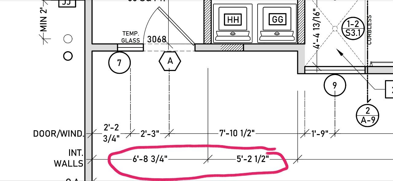 Annotated plan excerpt highlighting entry portico dimensions 6 feet 8 and three quarters inches plus 5 feet 2 and one half inches