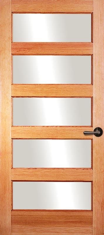 Warm wood front door with five horizontal frosted glass panels and dark lever handle