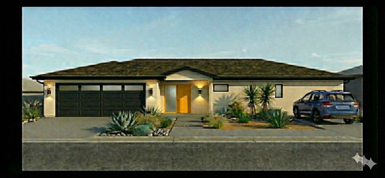 Conceptual front-of-house rendering with dark garage door, warm entry lighting, light stucco, and desert landscaping